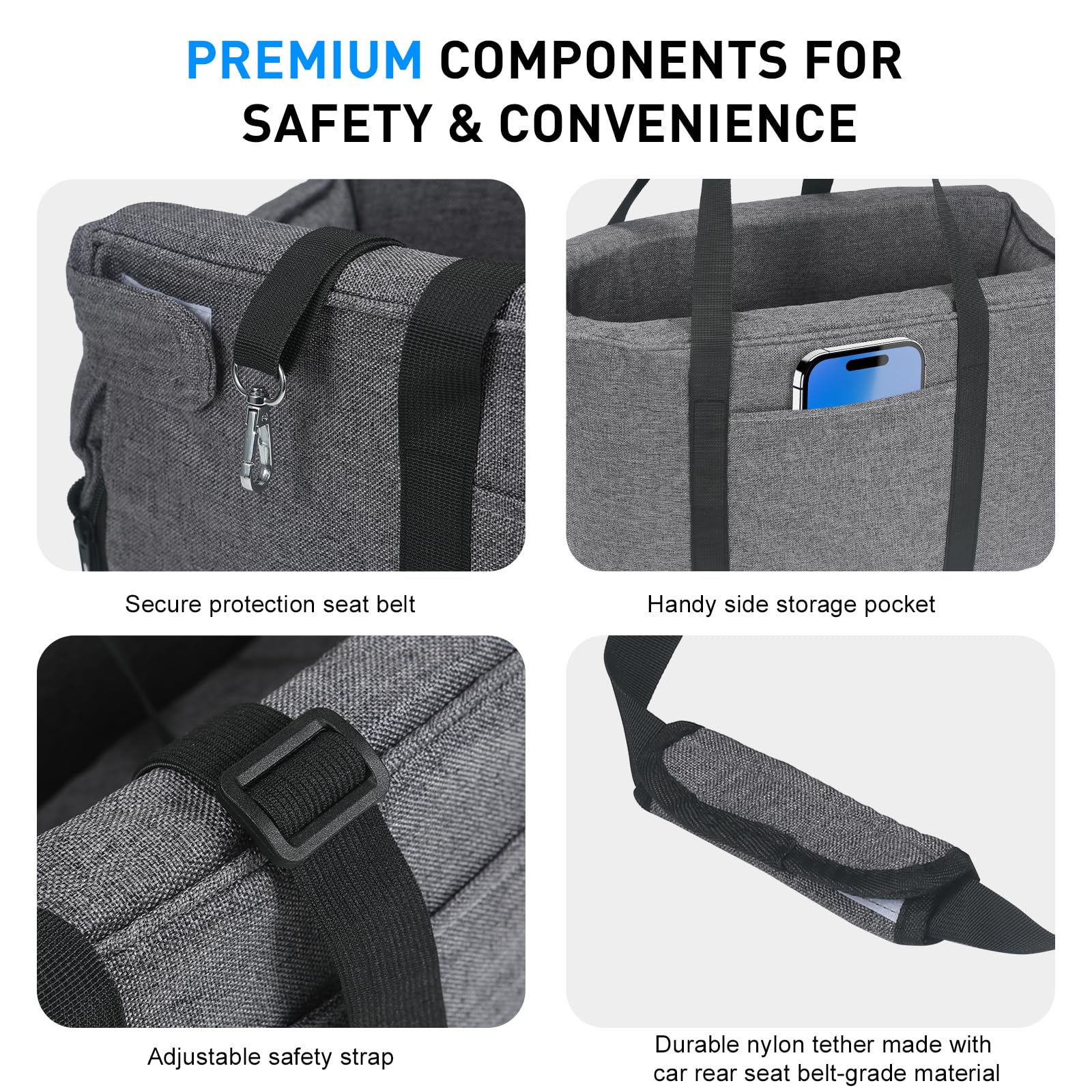 BJOP console-fit pet seat secures with adjustable straps during drives