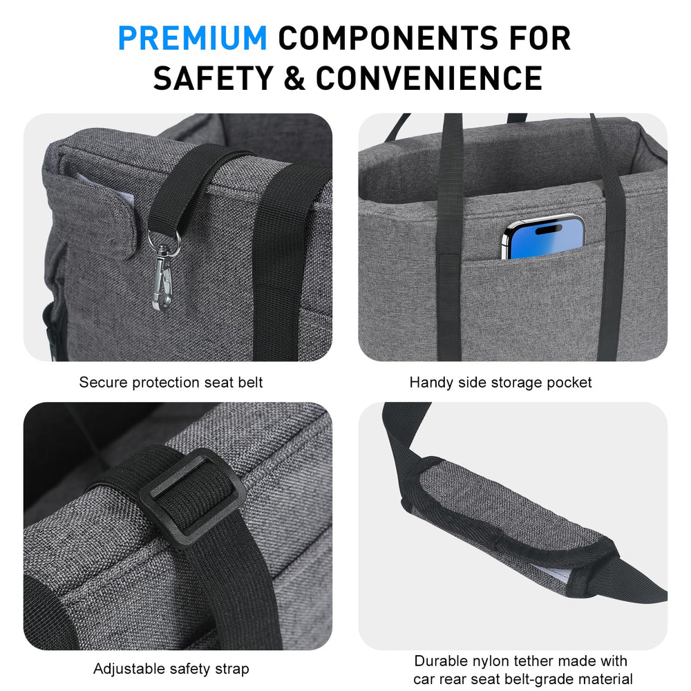 BJOP console-fit pet seat secures with adjustable straps during drives
