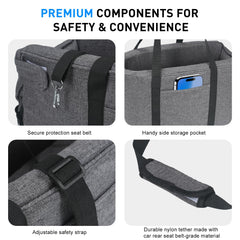 BJOP console-fit pet seat secures with adjustable straps during drives