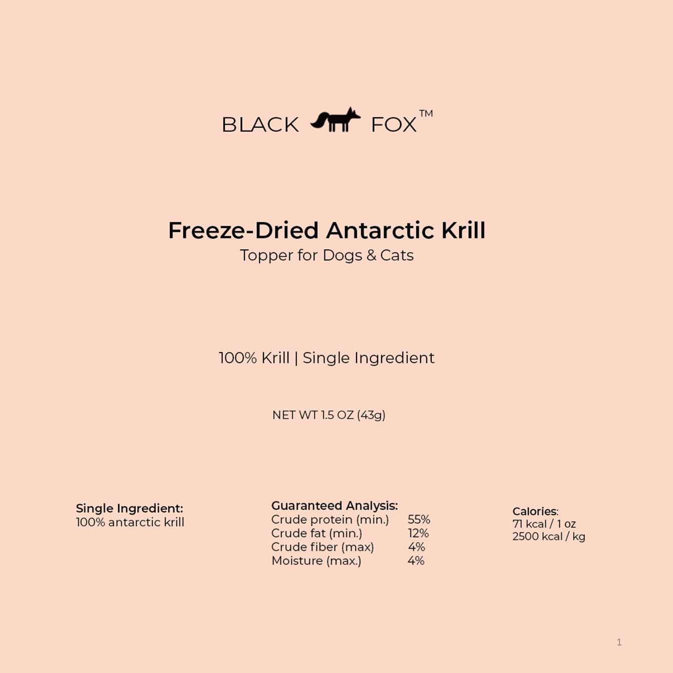 BLACK FOX packaging displays single-ingredient krill and human-grade quality appeal