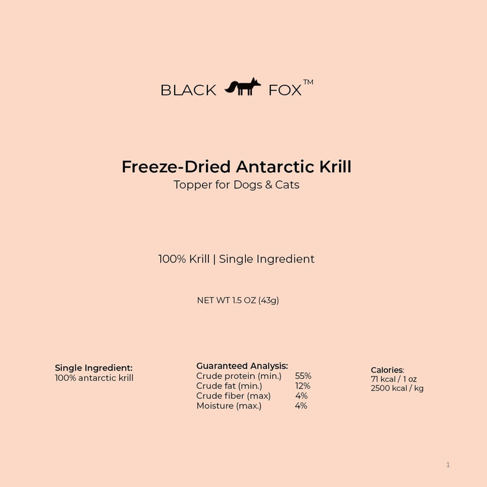 BLACK FOX packaging displays single-ingredient krill and human-grade quality appeal