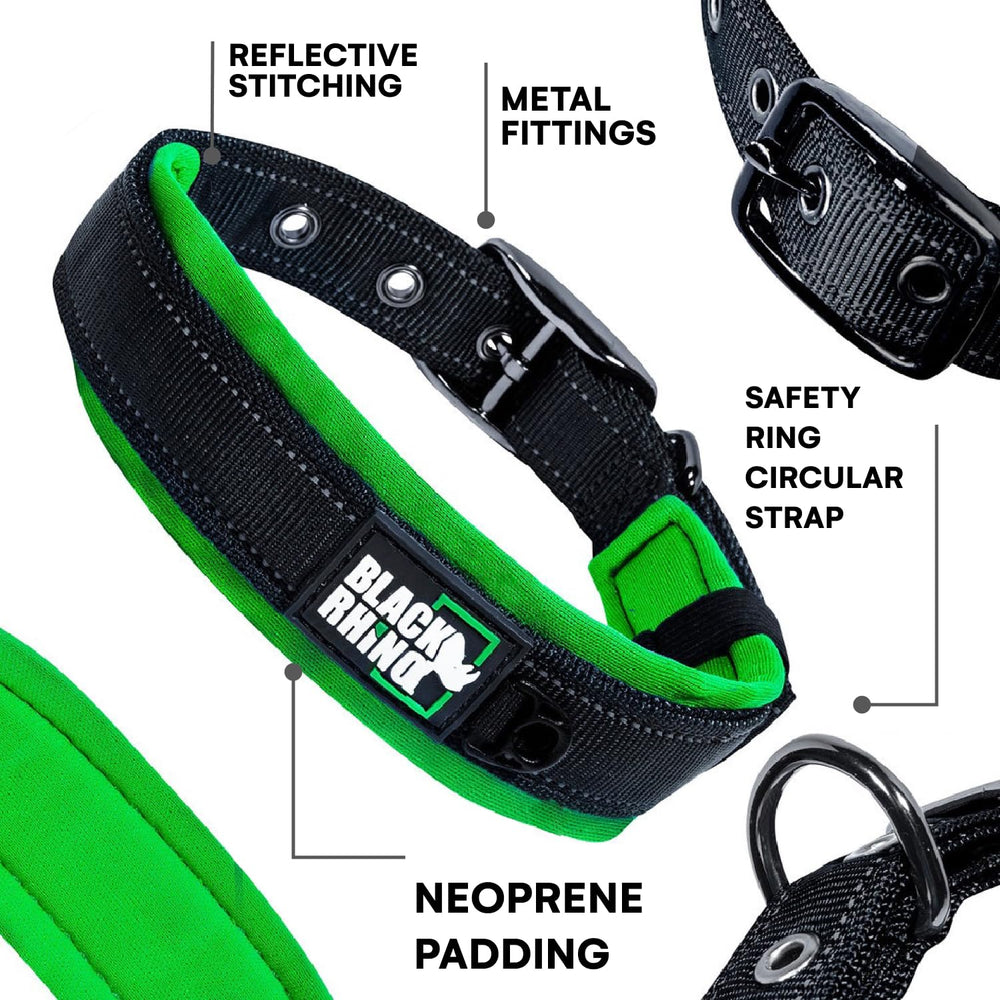 Black Rhino dog collar adjustable fit demonstrates neck measurement for comfort