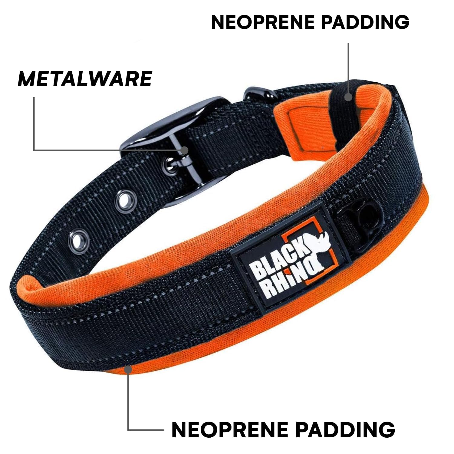 Black Rhino collar showcases durable hardware built for energetic dogs.