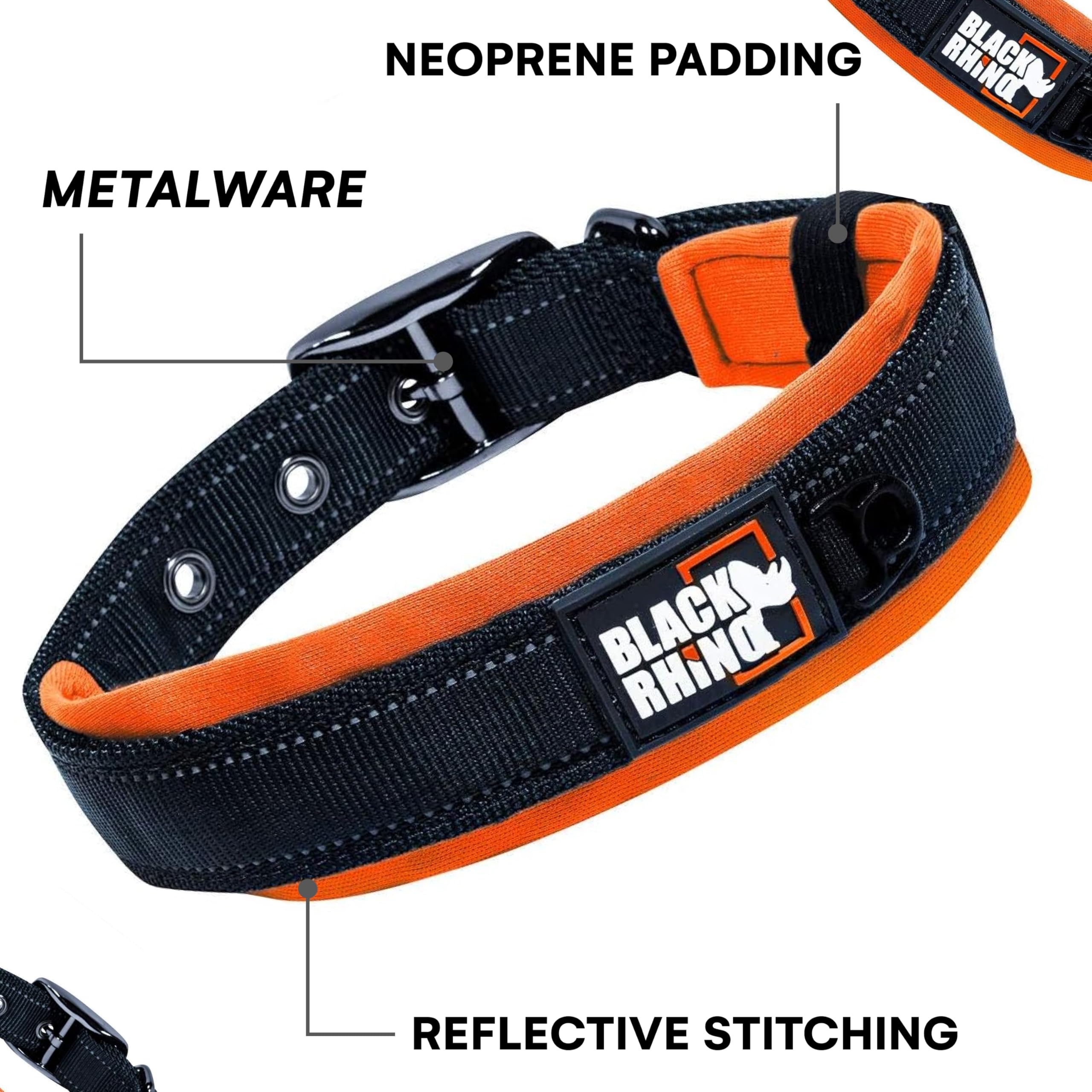 Black Rhino dog collar neoprene-padding close-up showing soft, odor-resistant comfort.