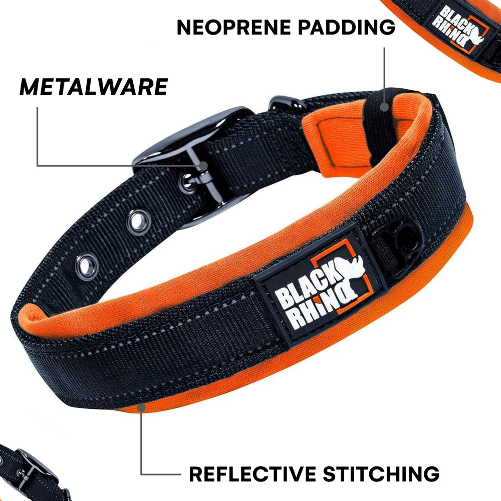 Black Rhino dog collar neoprene-padding close-up showing soft, odor-resistant comfort.