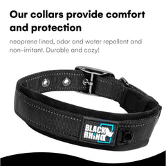 Black Rhino metal buckle highlights durable, secure hardware for active dogs.