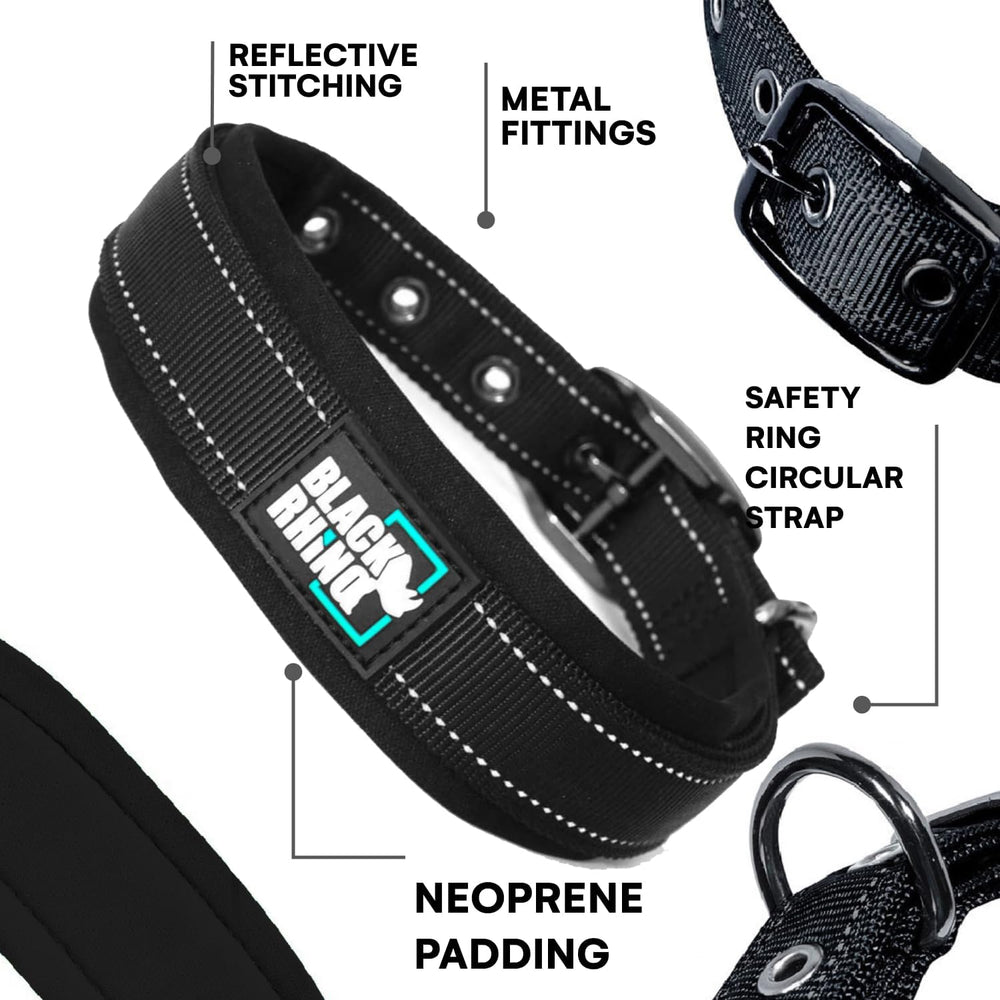 Black Rhino neoprene-padding soft-collar shown for comfort during long leash sessions.