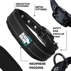 Black Rhino neoprene-padding soft-collar shown for comfort during long leash sessions.