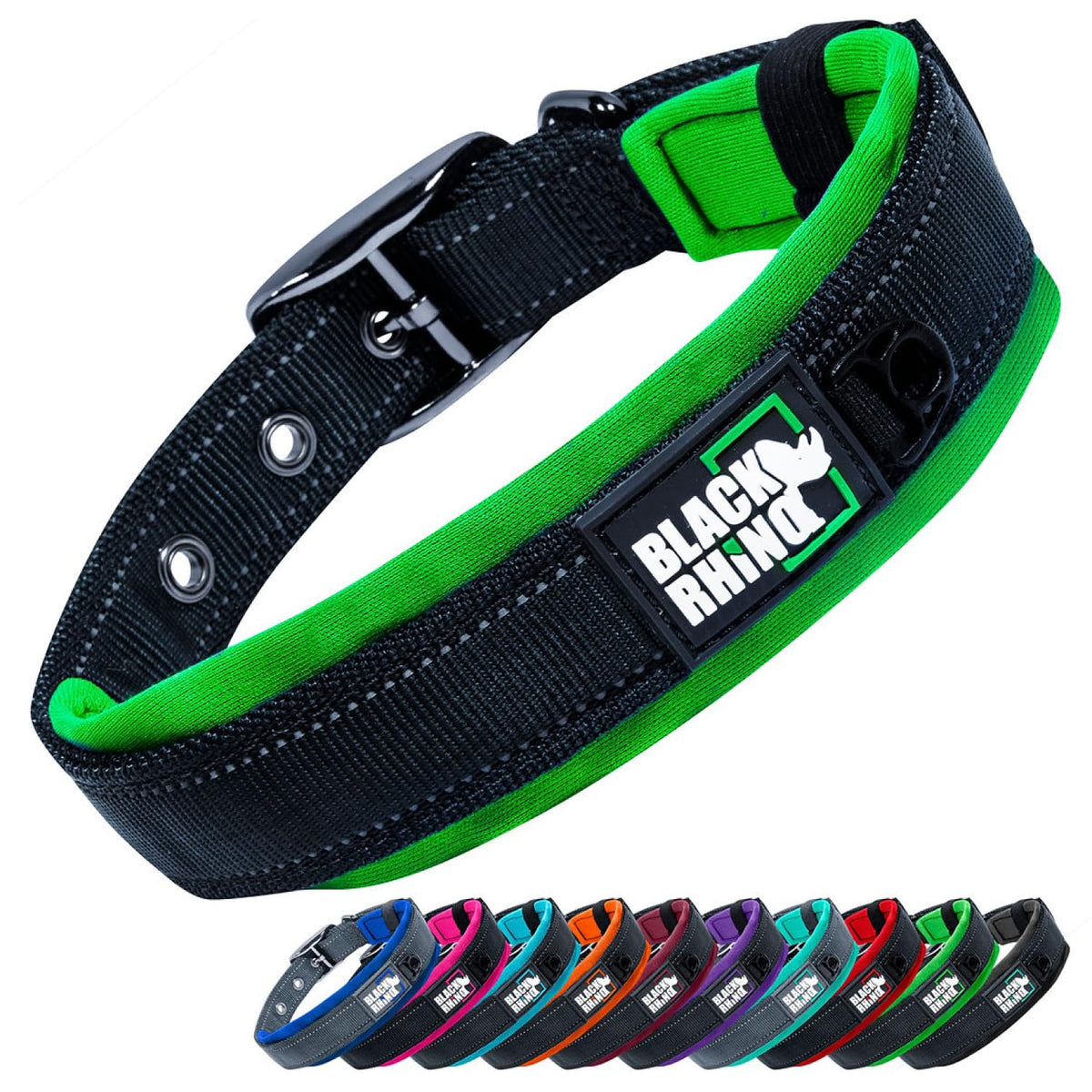 Black Rhino dog collar with soft neoprene padding for comfortable all-day wear