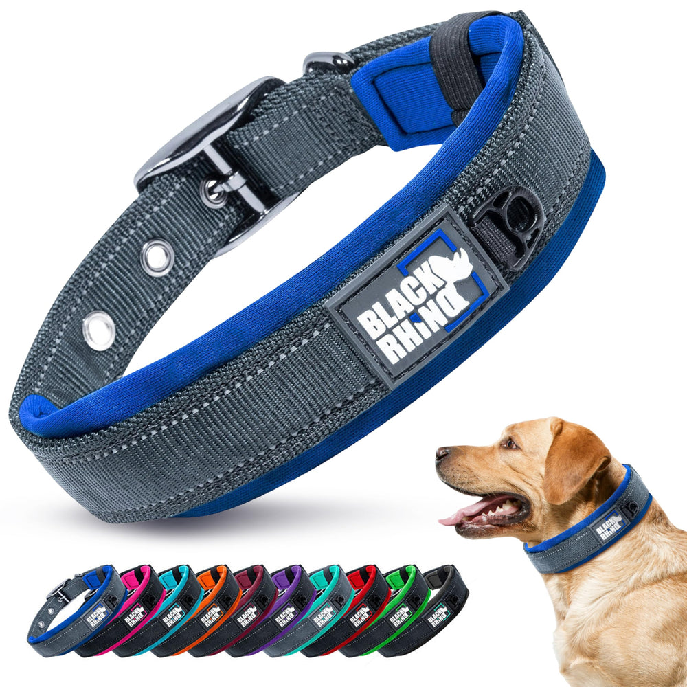 Black Rhino Reflective Dog Collar large blue-grey close-up showing soft neoprene padding for comfort