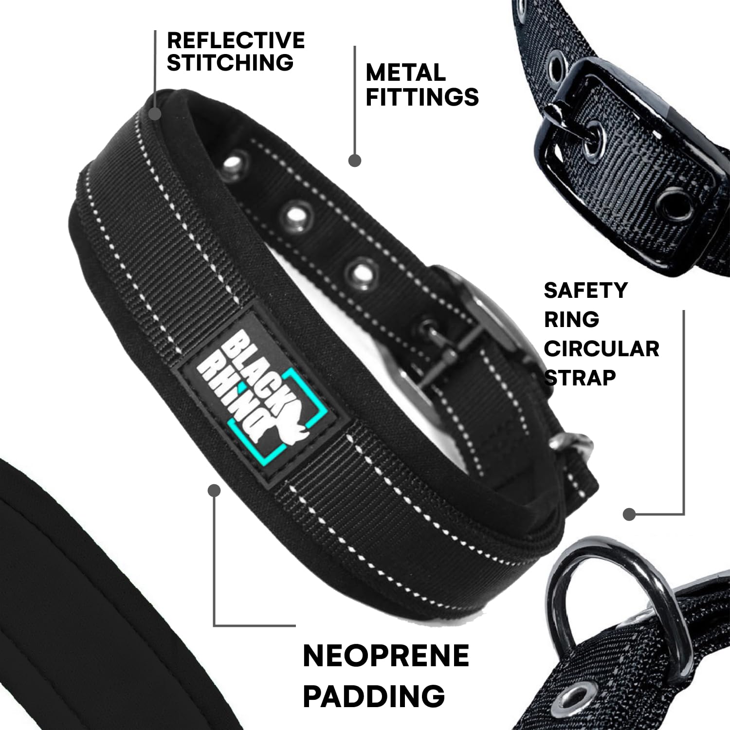 Black Rhino weatherproof dog collar ideal for all-weather adventures with sturdy materials.