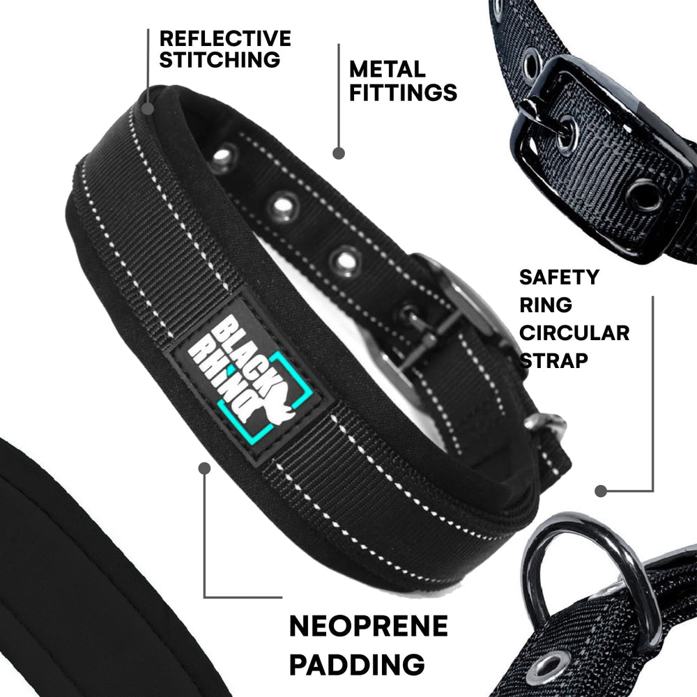 Black Rhino weatherproof dog collar ideal for all-weather adventures with sturdy materials.