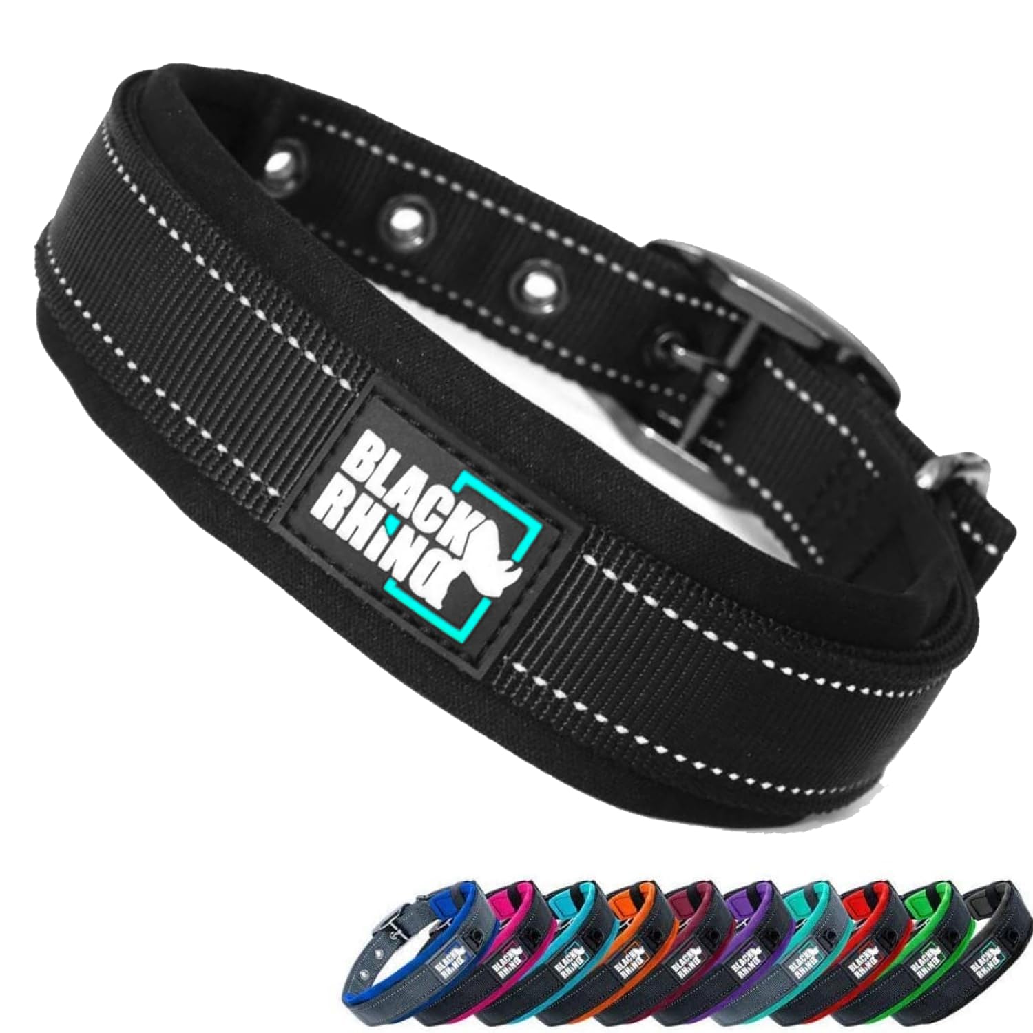 Black Rhino XL dog collar buckle close-up shows durable hardware for active dogs.