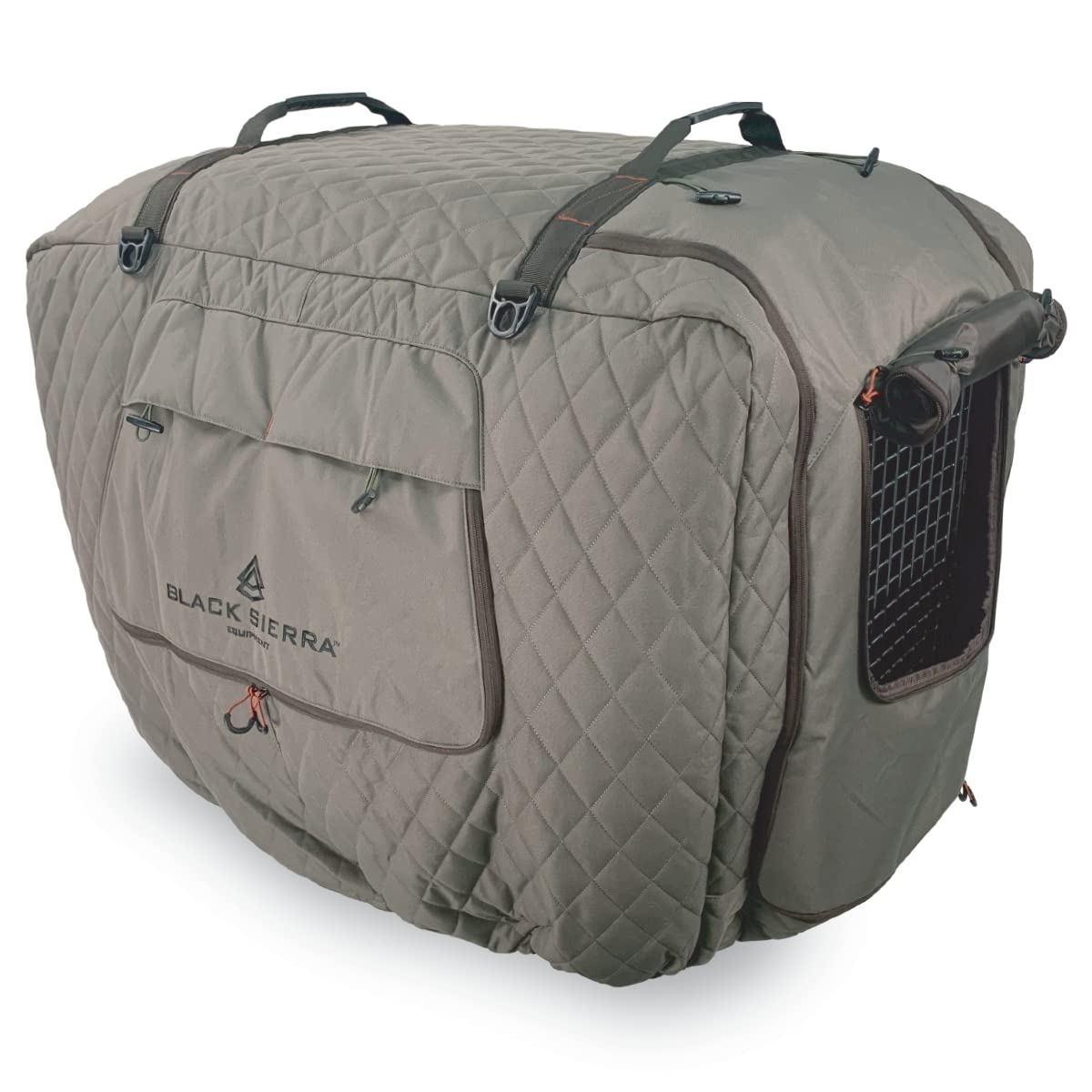Black Sierra Equipment kennel cover front view shows durable 600D fabric for outdoor use.