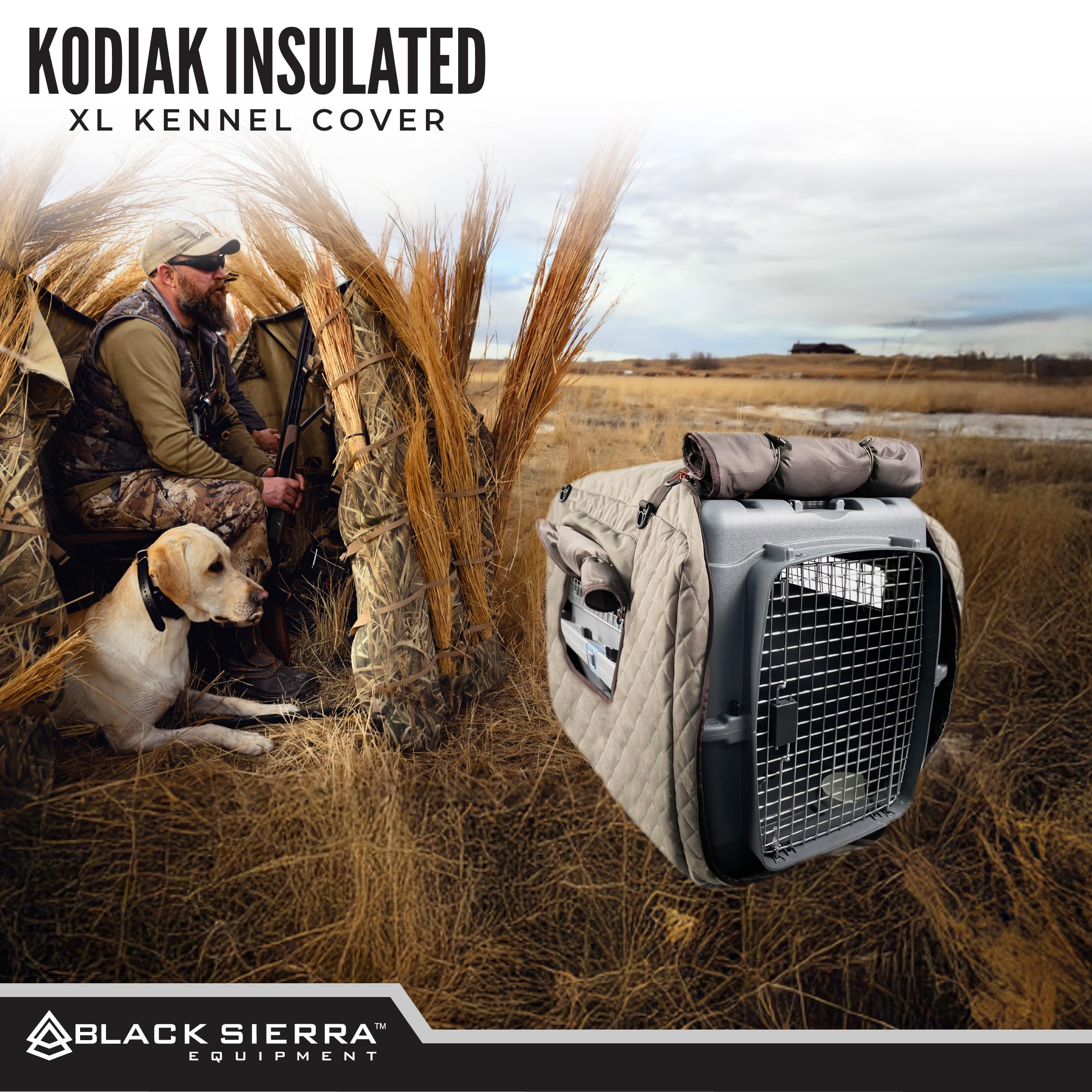 Black Sierra Equipment kennel cover weatherproof zips protect against rain and wind.