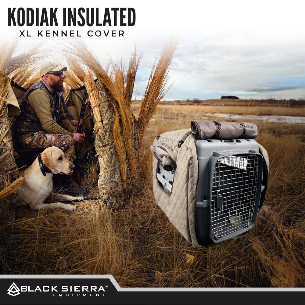 Black Sierra Equipment kennel cover weatherproof zips protect against rain and wind.