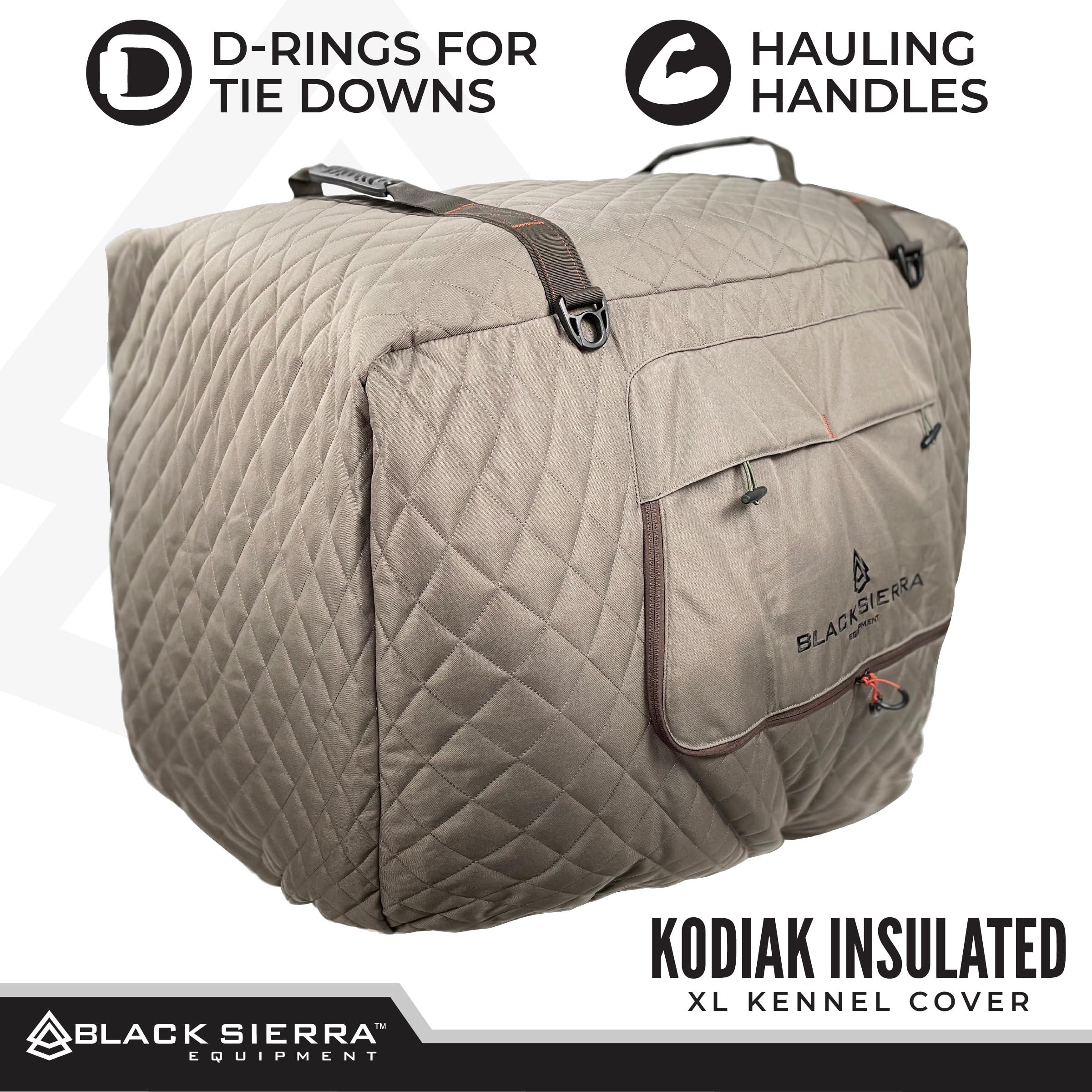 Black Sierra Equipment kennel cover with handles demonstrates easy transport.