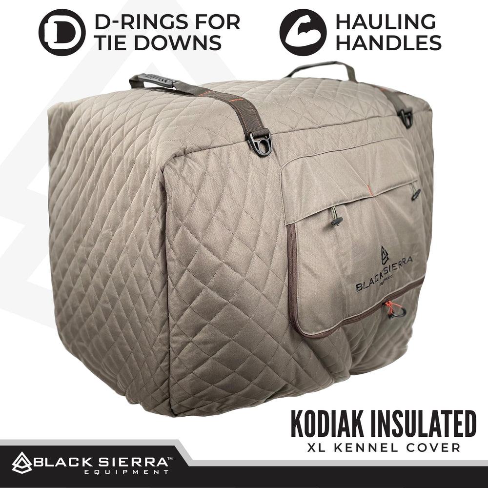 Black Sierra Equipment kennel cover with handles demonstrates easy transport.