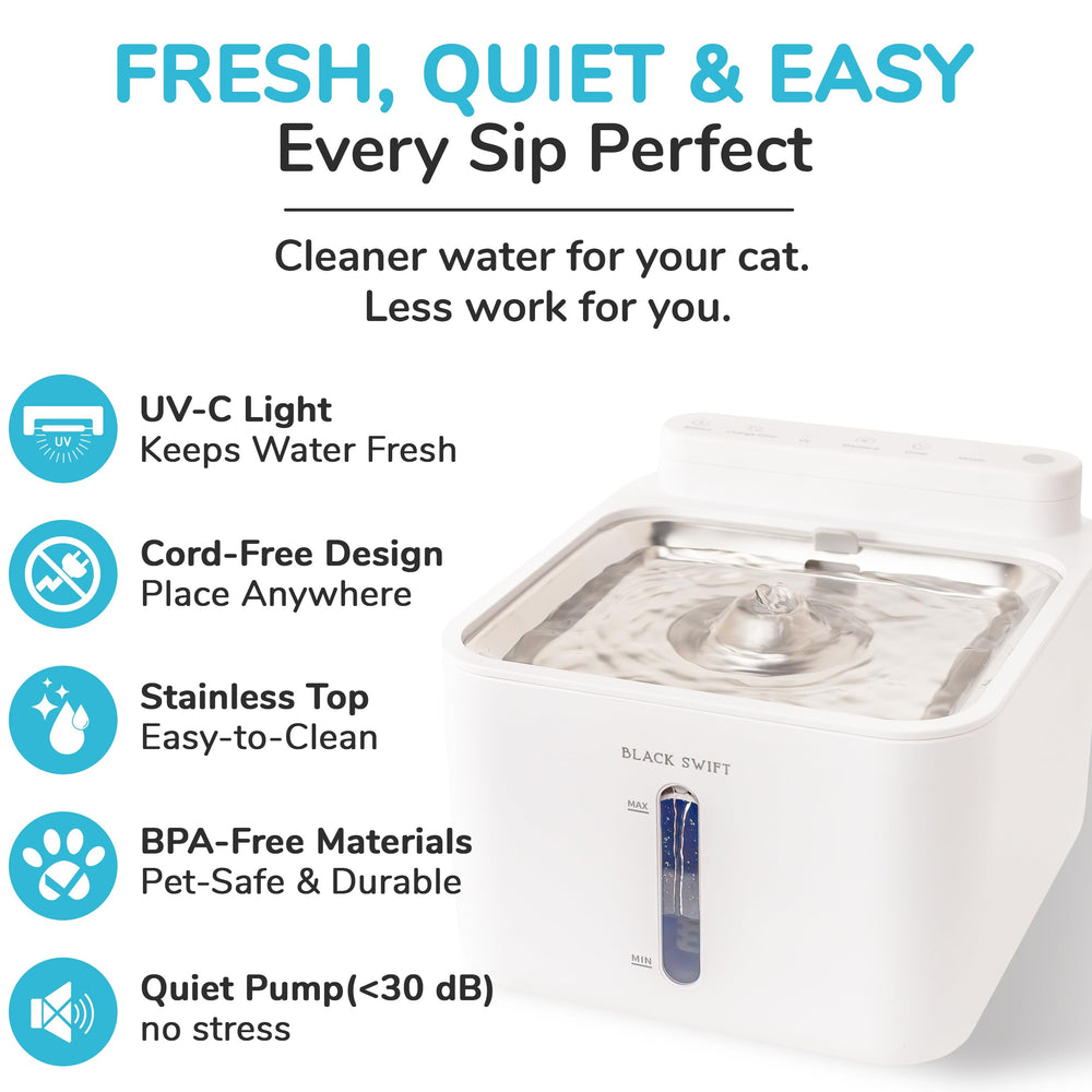 BLACK SWIFT UV-C fountain water flow demonstrates continuous hydration for pets