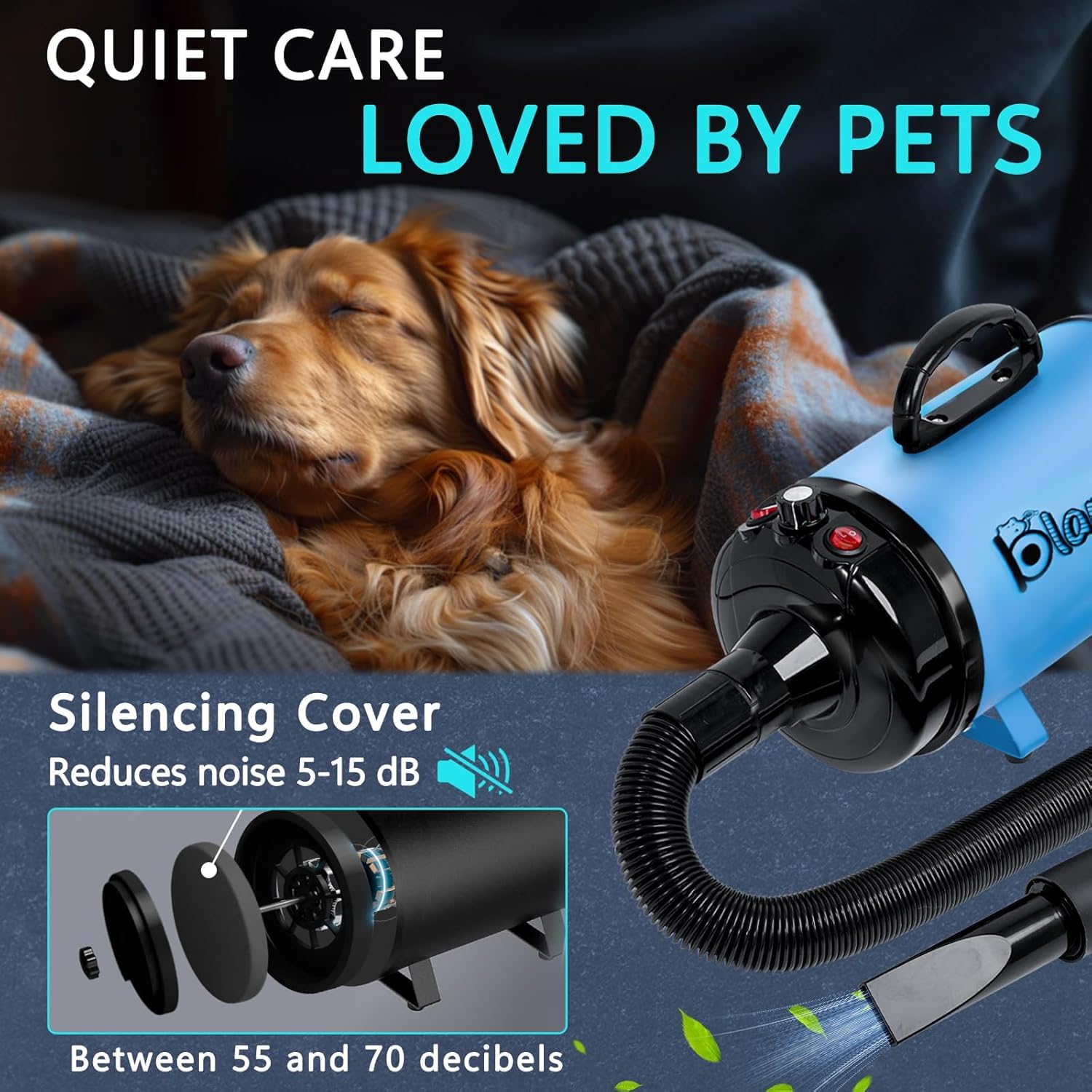 Blanlody high velocity dog hair dryer comb attachment blue aids detangling during bath.