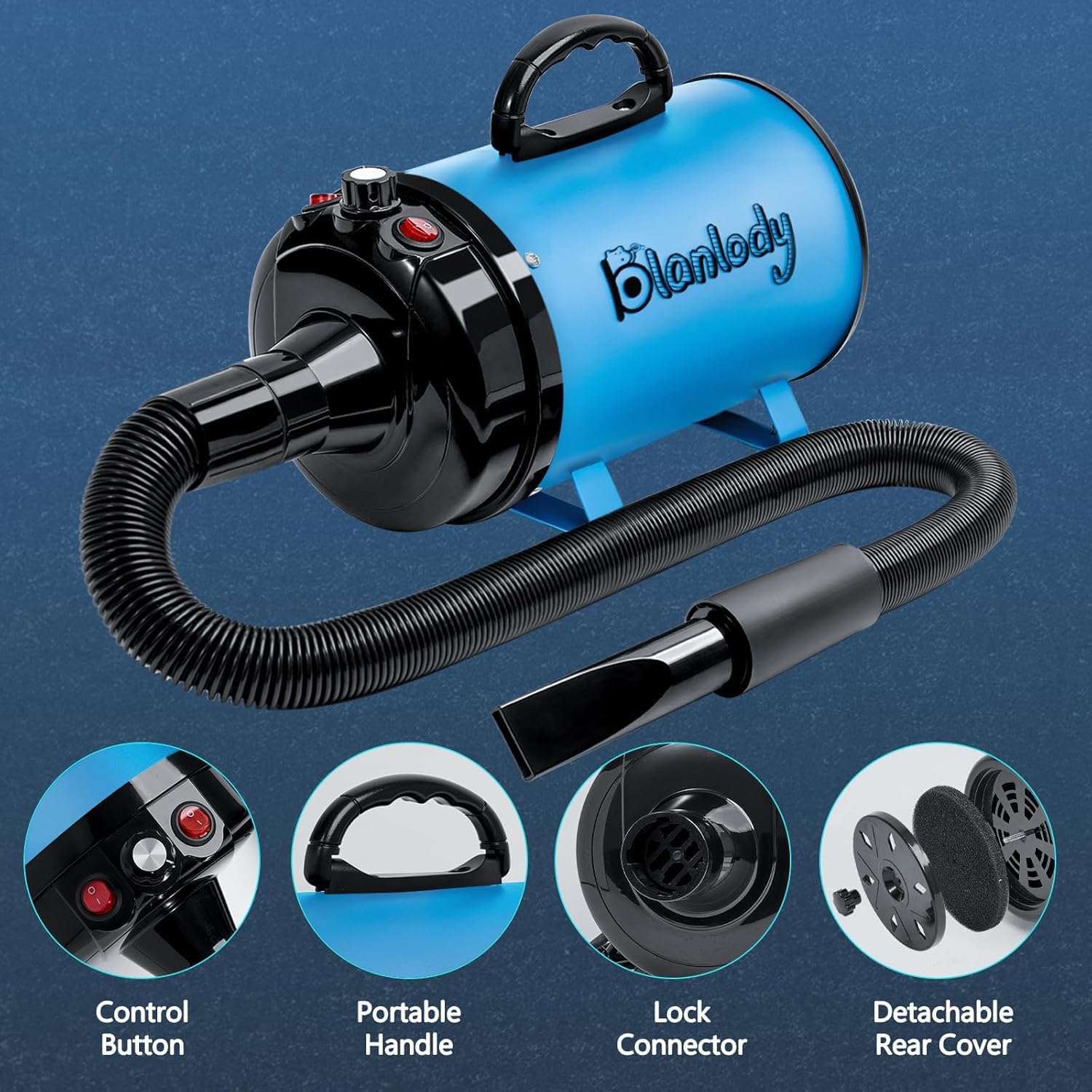 Blanlody high velocity dog hair dryer packaging blue for professional use.