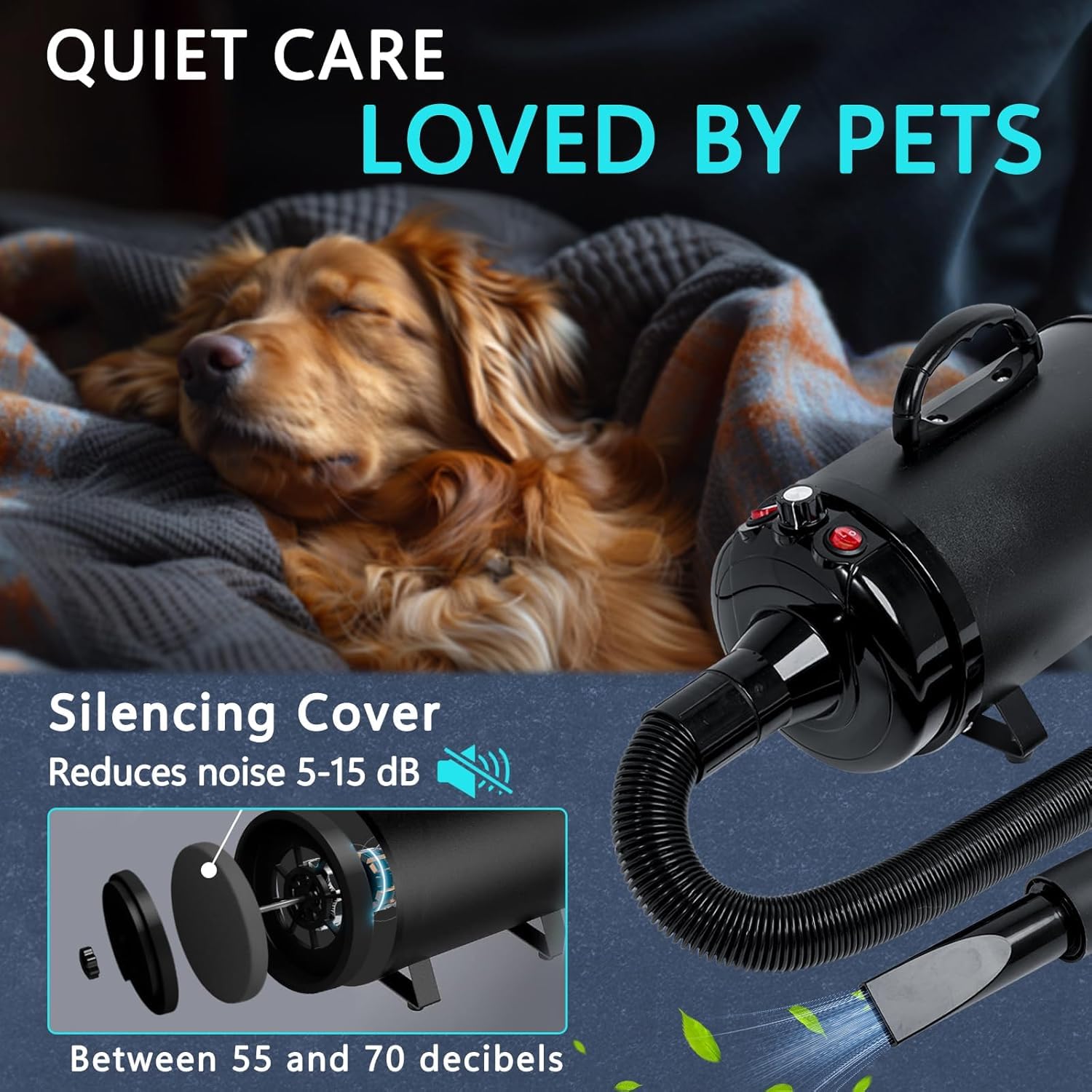Blanlody High Velocity Dryer hose extended shows flexible reach for comfortable grooming.