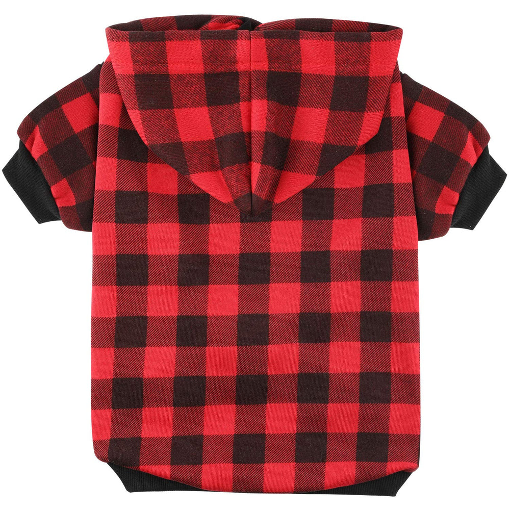 Blaoicni plaid dog hoodie back view features leash hole for easy walks.
