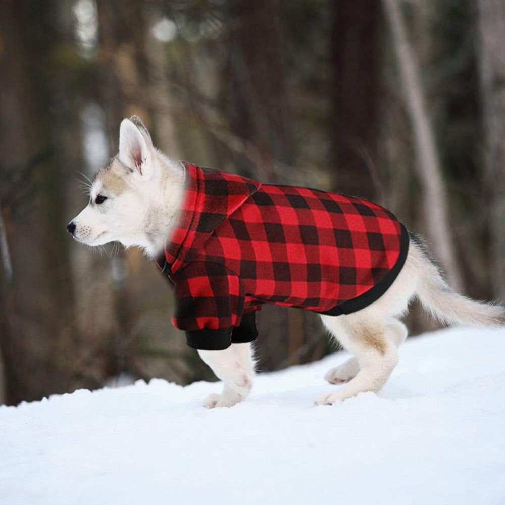 Blaoicni plaid dog hoodie color detail highlighting colorfast red plaid.