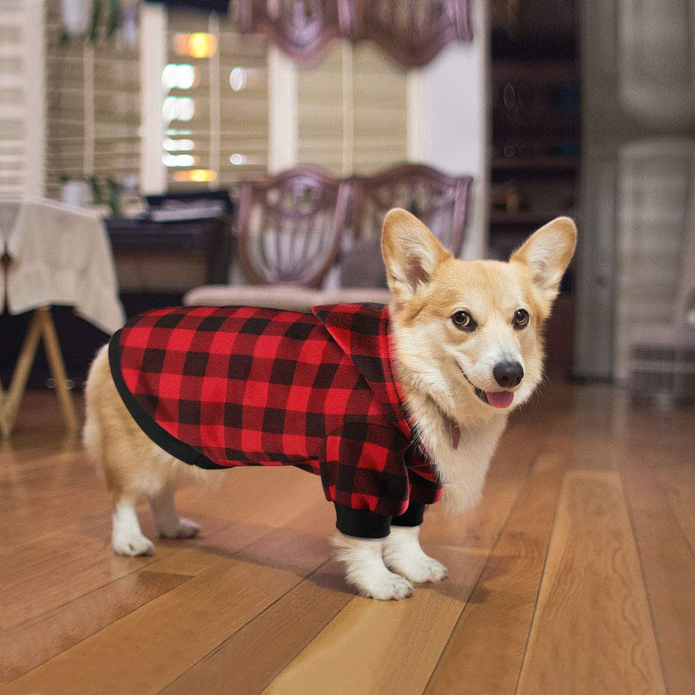 Blaoicni plaid dog hoodie leash-hole detail for easy walks.