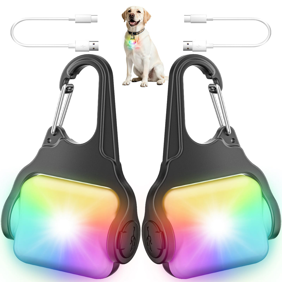 BLBS dog collar light front view shows bright clip-on visibility for night walks
