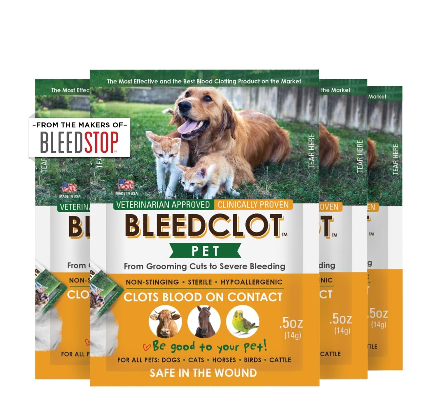 BleedClot Pet powder jar shows quick bleeding control benefits for wounds