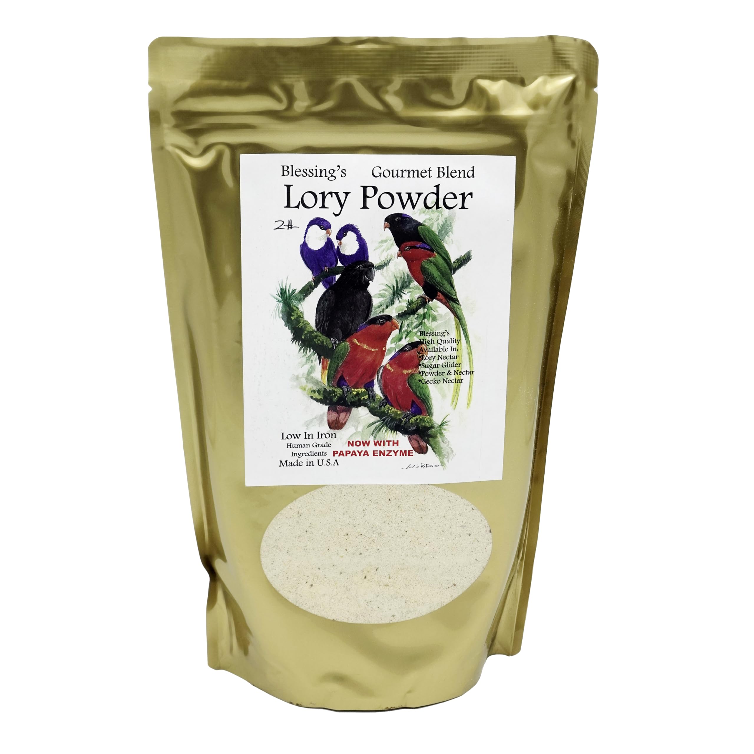 Blessings Lory Powder Gourmet Blend pouch highlighting balanced nutrition for lorikeets