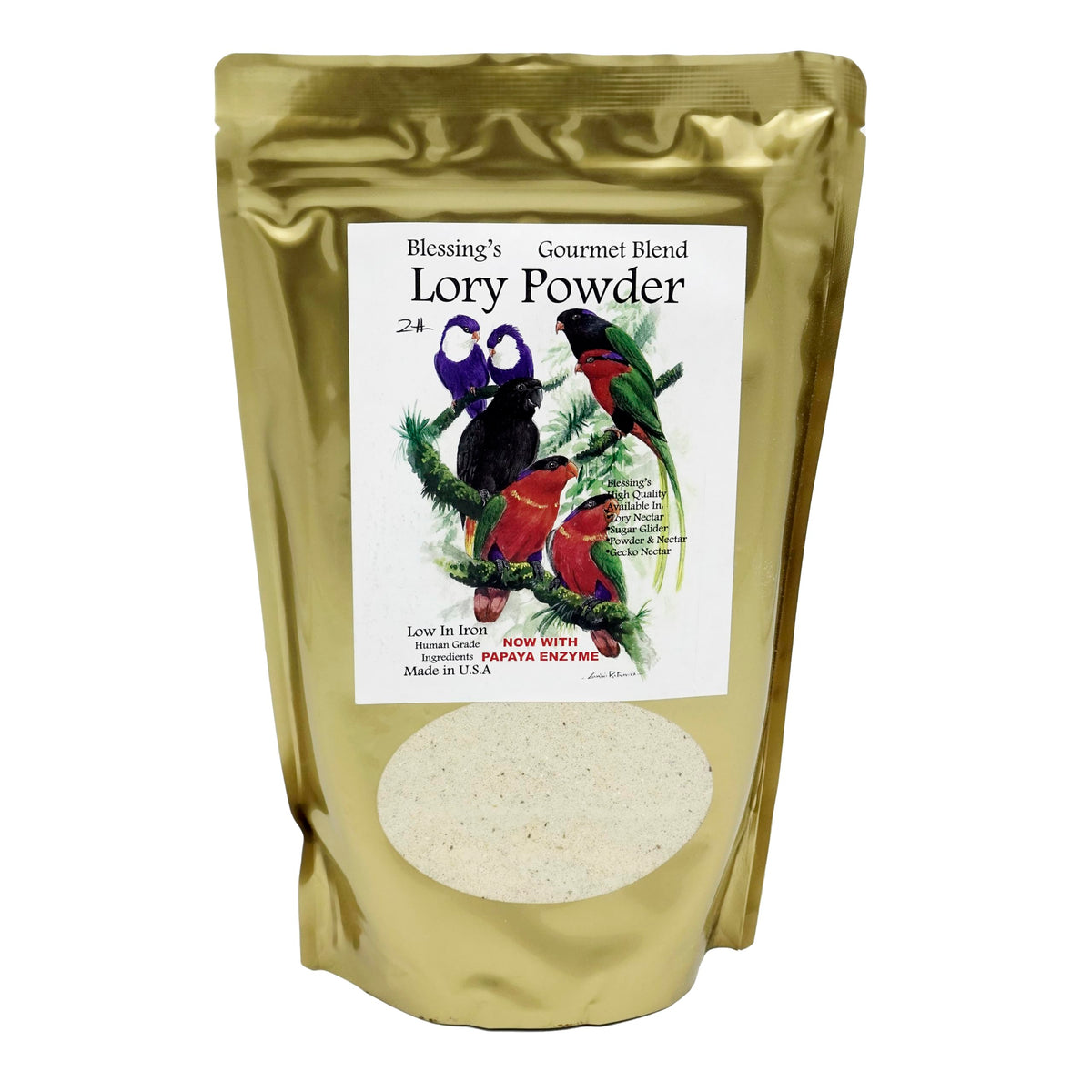 Blessings Lory Powder Gourmet Blend pouch highlighting balanced nutrition for lorikeets