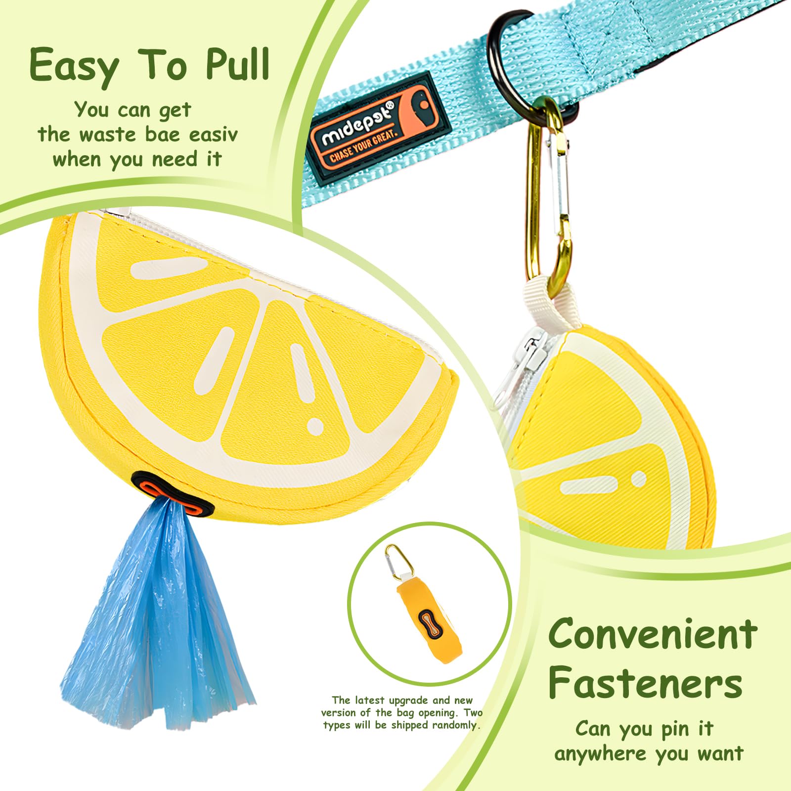 BlissBud lemon shape bag dispenser ready with standard bags on walks
