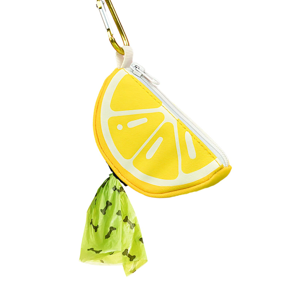 BlissBud lemon shape dog poop bag holder attached to leash for quick cleanups