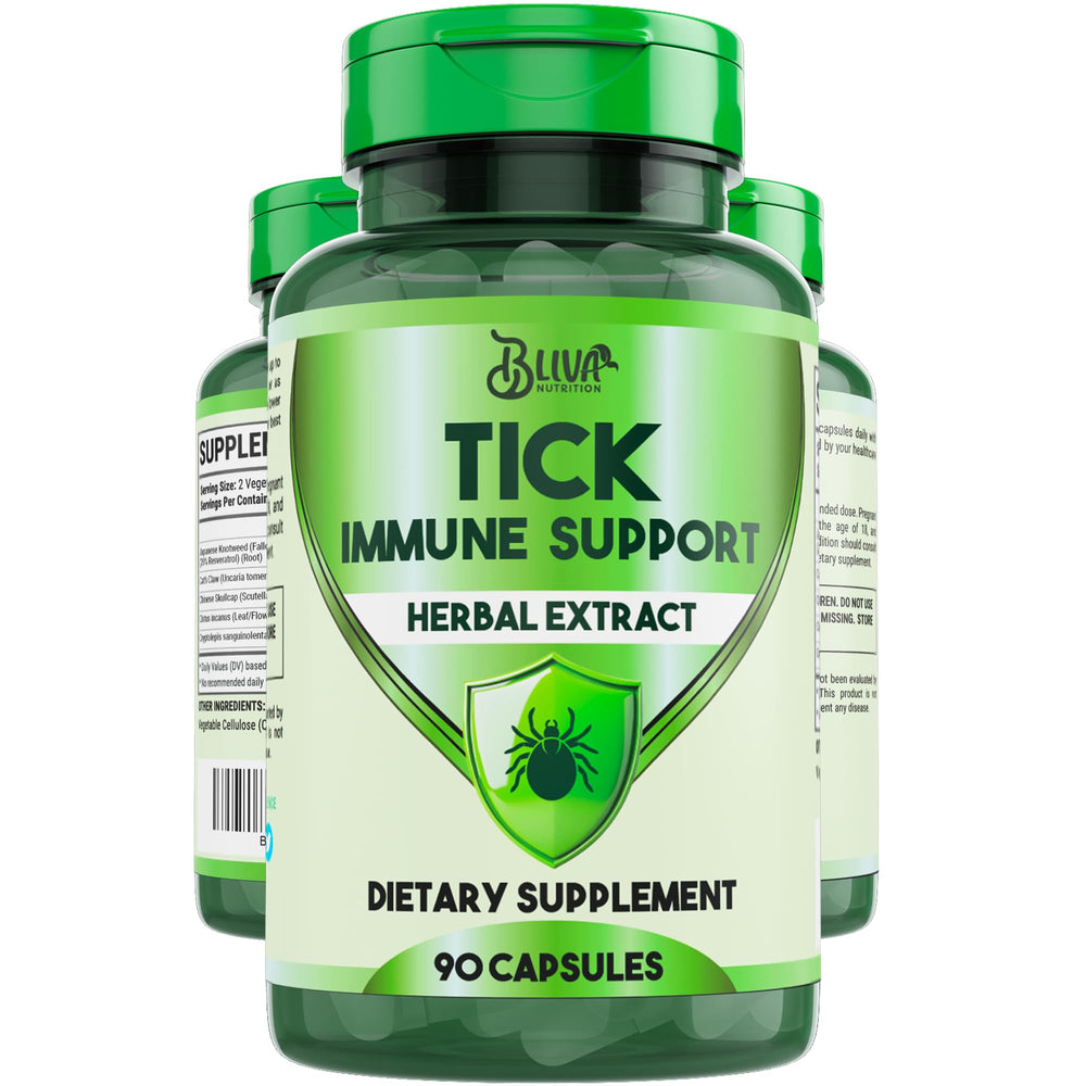 BLIVA Tick Immune Support bottle shows vegan capsules for immune comfort in tick-prone environments.