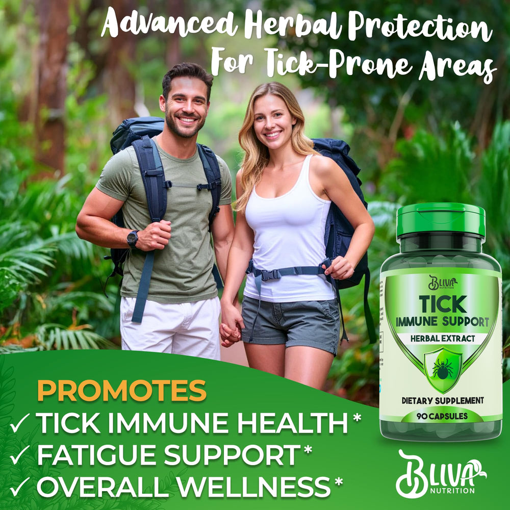 BLIVA Tick Immune ingredients panel highlights the 20:1 herbal blend for natural support.