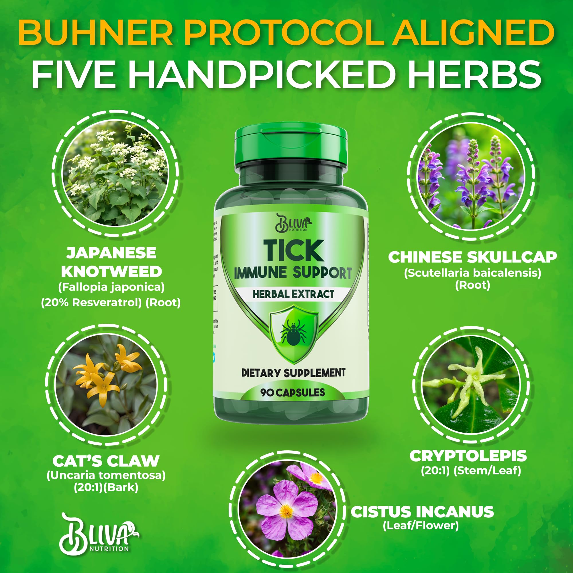 BLIVA Tick Immune vegan capsules on shelf, emphasizing gluten-free and non-GMO formulation.