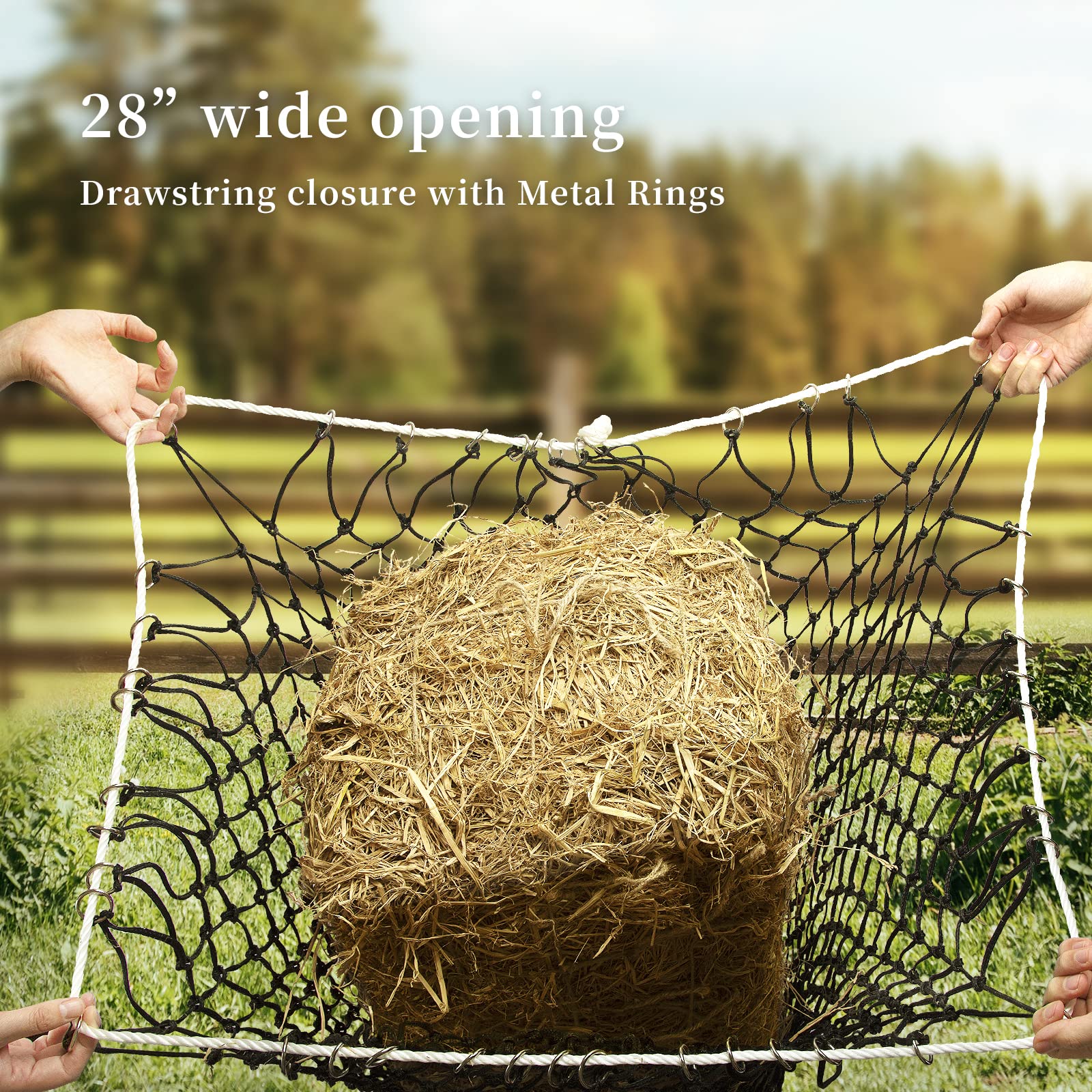 Bloomoak hay net demonstrates durable PE material in wet conditions.