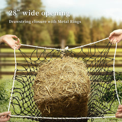 Bloomoak hay net demonstrates durable PE material in wet conditions.
