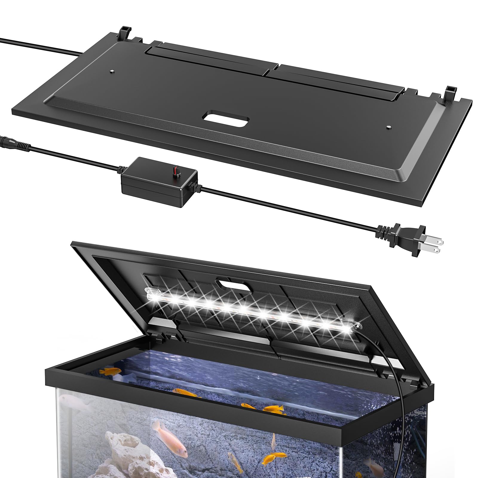 Blosail LED Aquarium Hood installed on tank provides safe, bright lighting and splash protection.