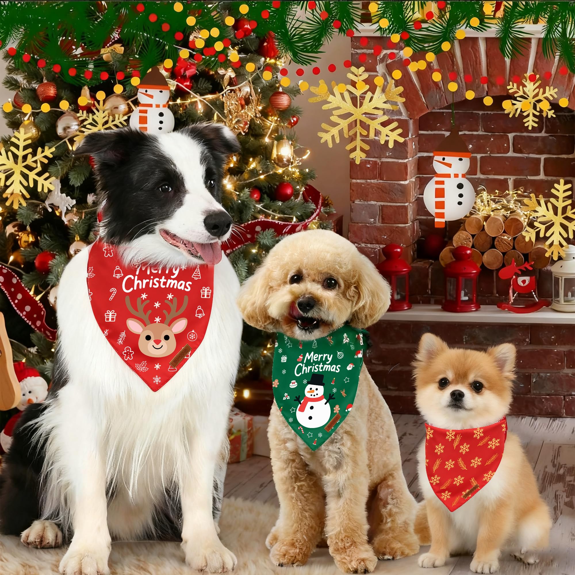 Bluaqua Christmas dog bandana two-pack setup showing green Santa and red snowflake styles