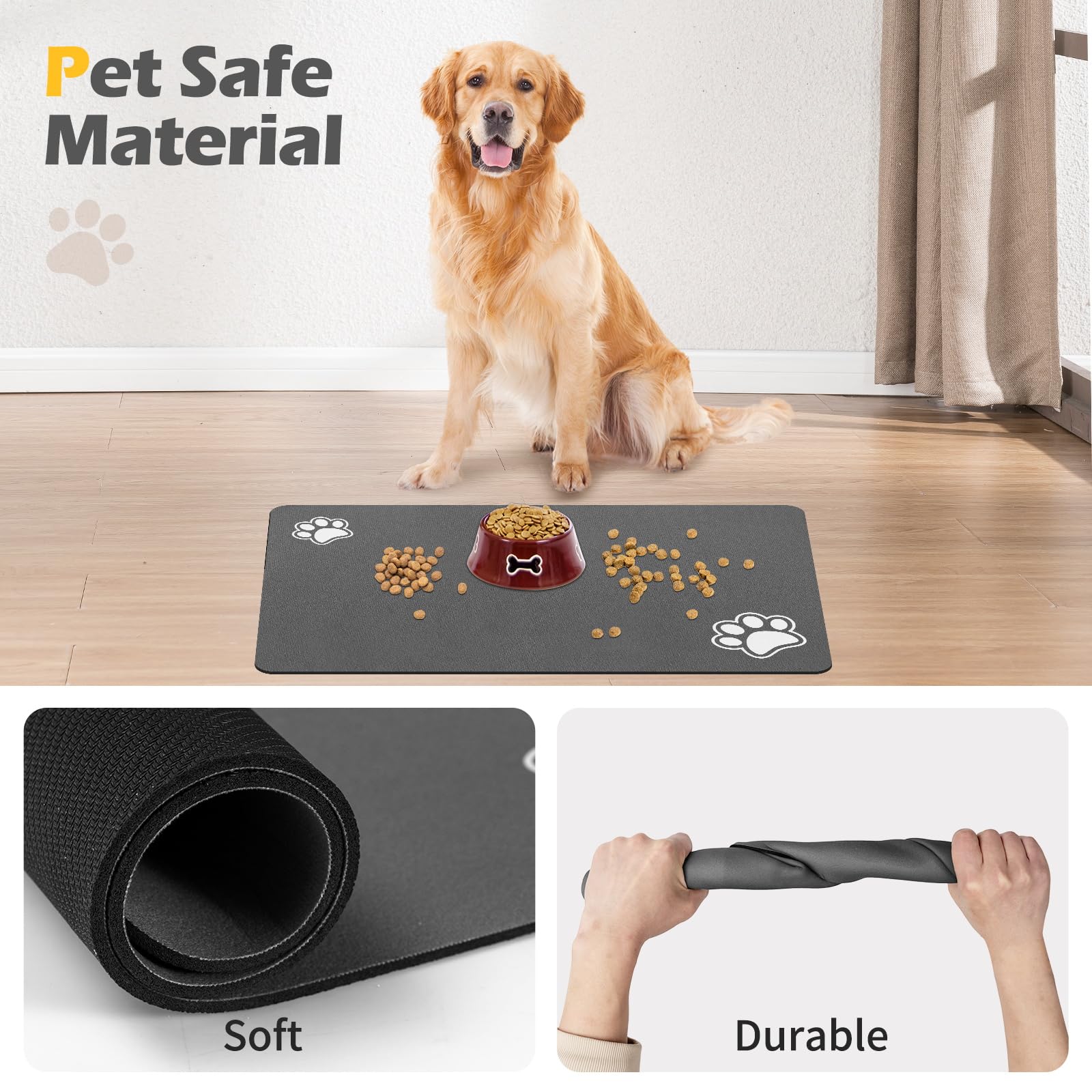 BLUE AYE two-bowl arrangement area provides space for dog meals.