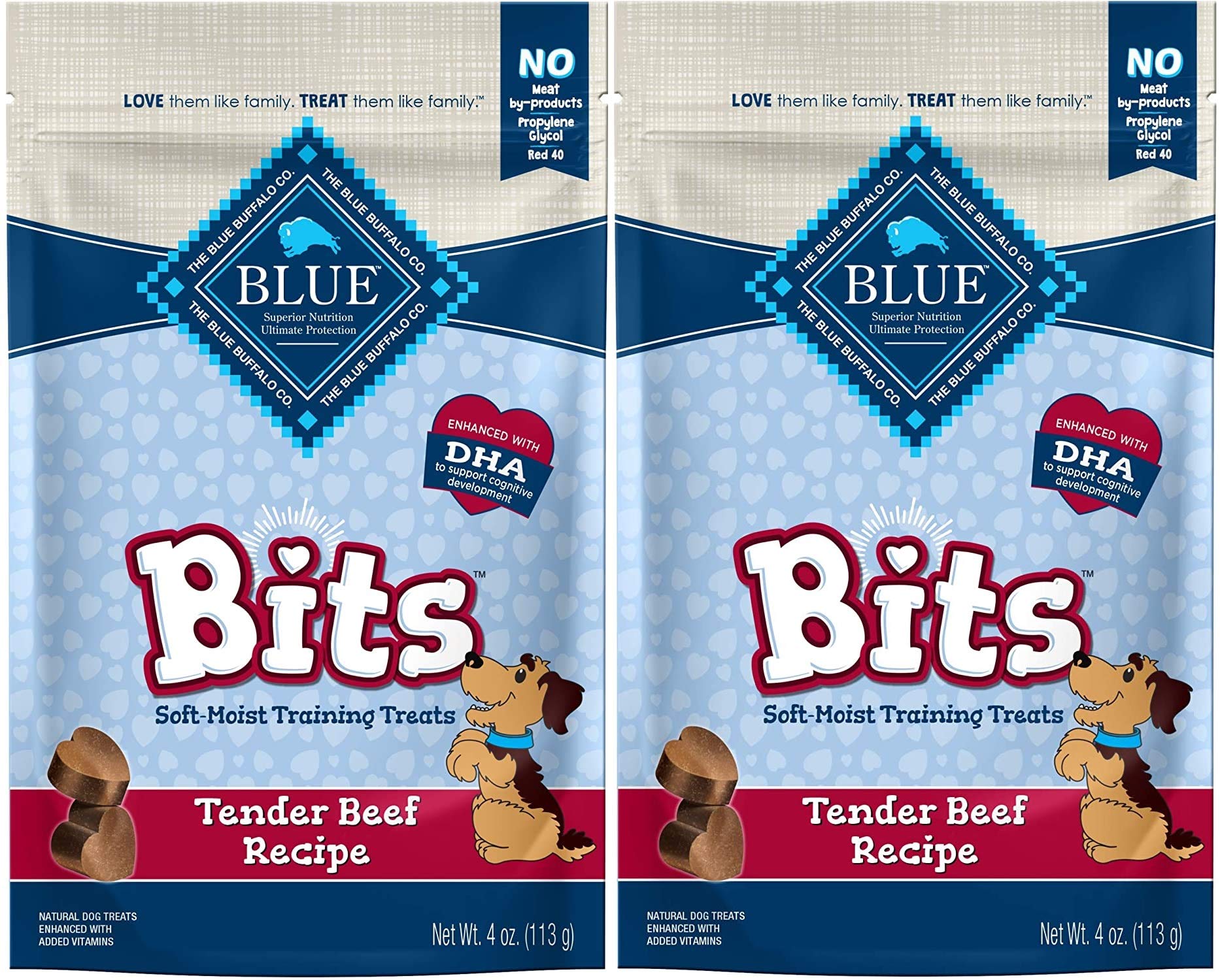 Blue Bits tender beef pack shows soft, bite-sized rewards for training sessions.