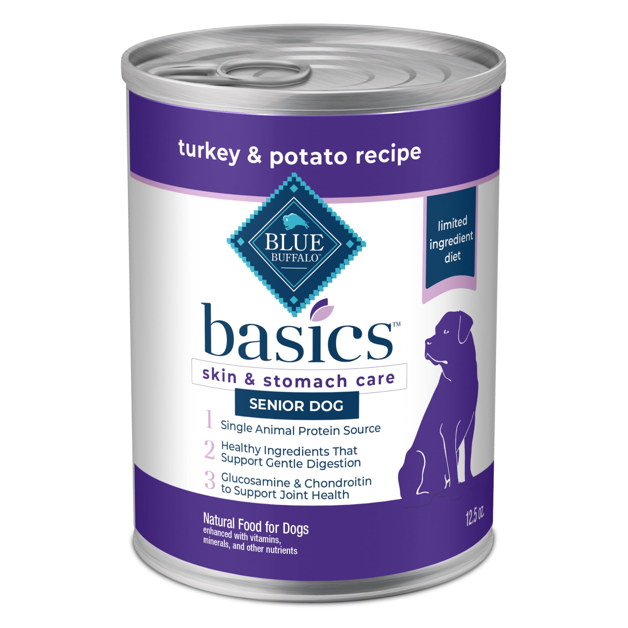 Blue Buffalo Basics senior wet dog food cans front highlights real turkey first ingredient