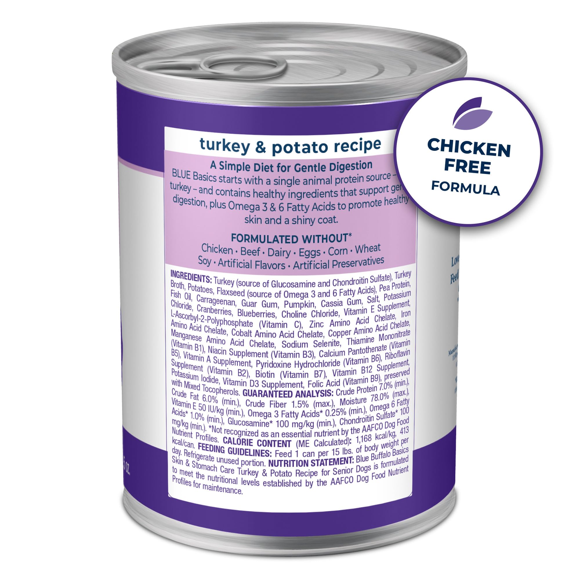 Blue Buffalo Basics senior wet dog food cans side label shows grain-free formula for gentle digestion