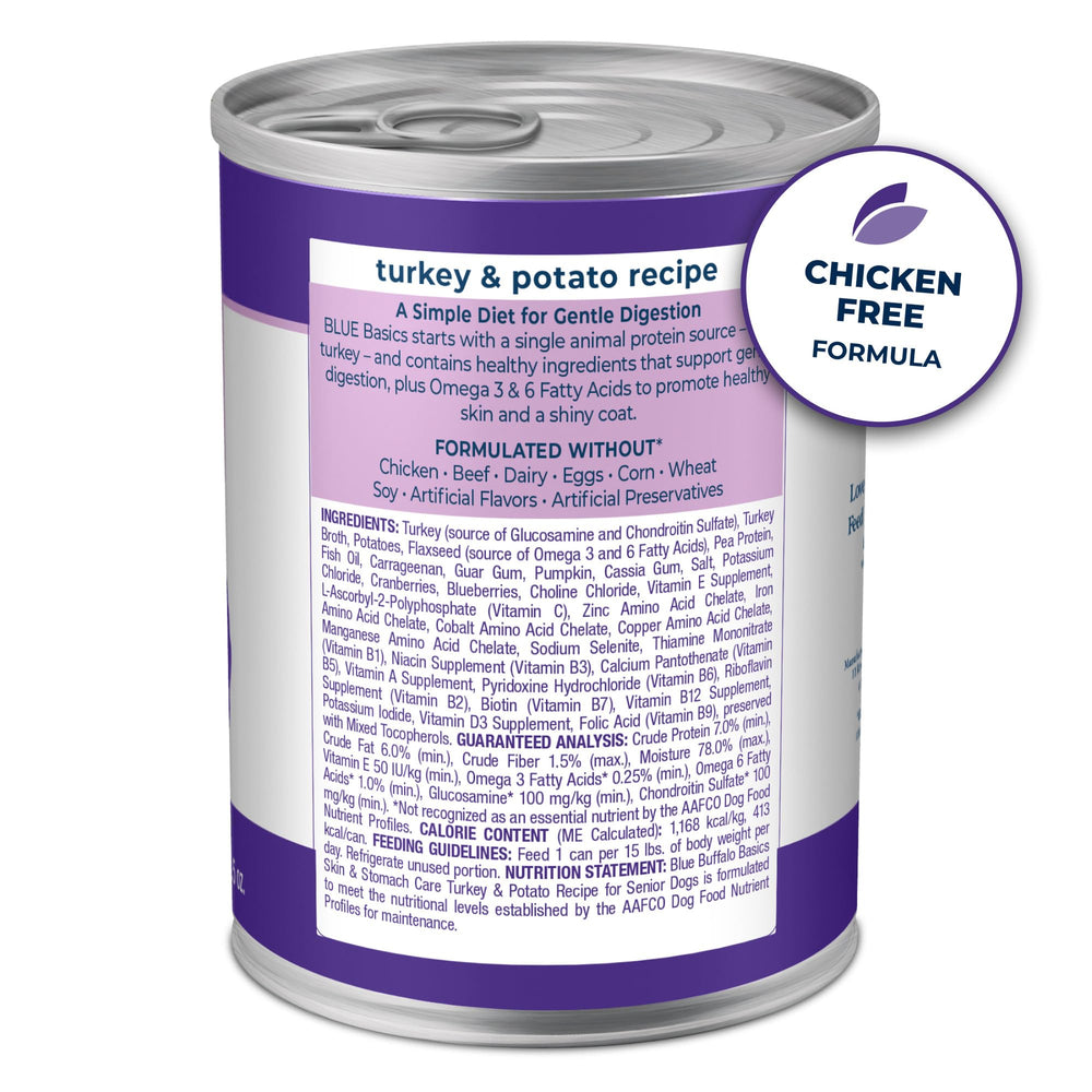 Blue Buffalo Basics senior wet dog food cans side label shows grain-free formula for gentle digestion