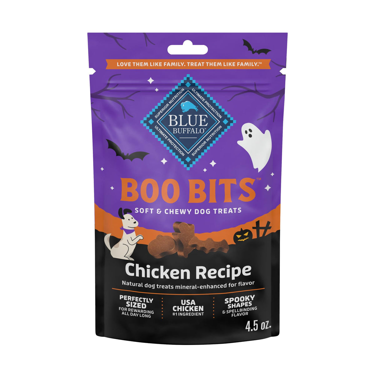 Blue Buffalo Boo Bits bag close-up showing packaging and real chicken