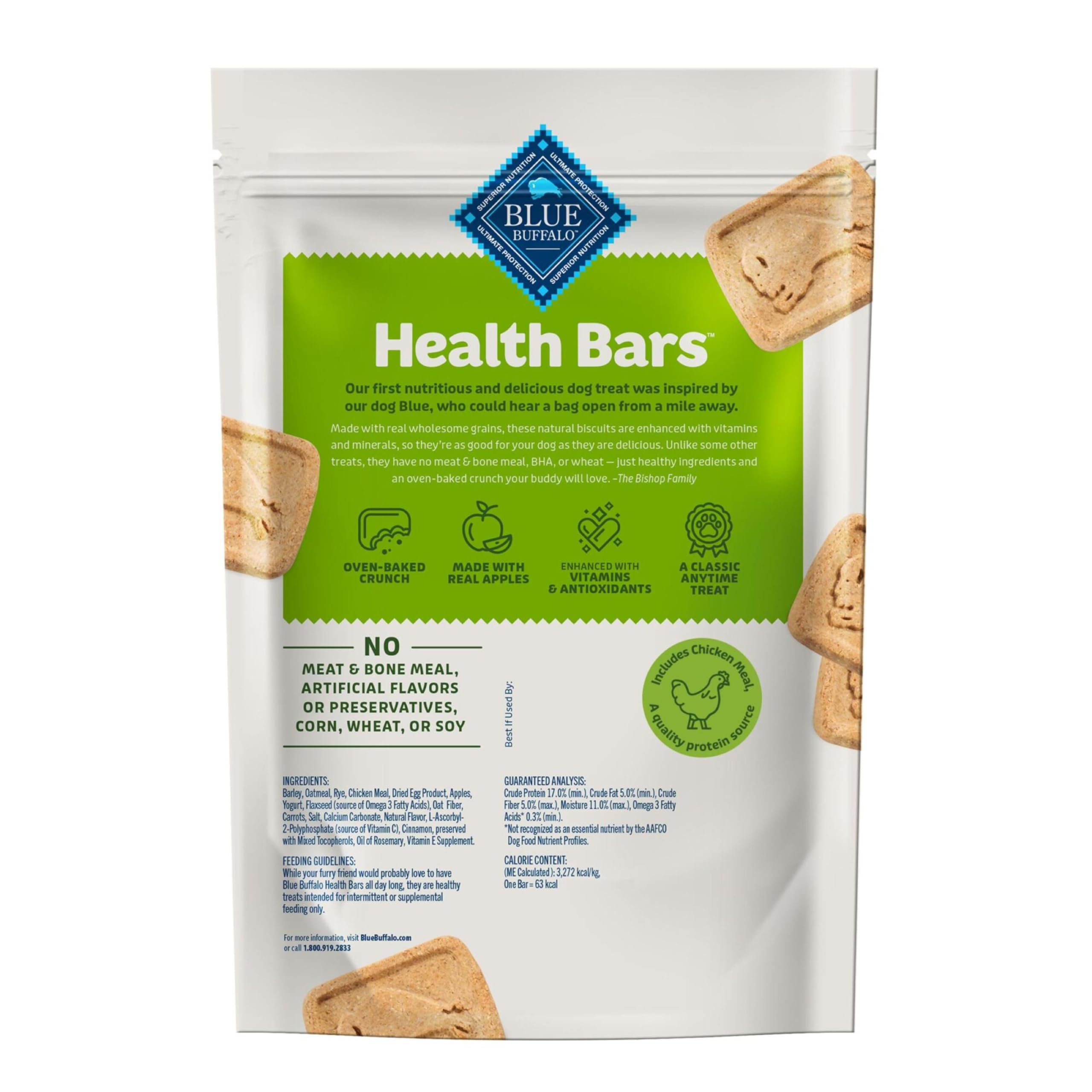Blue Buffalo Health Bars crunchy treats showcase oven-baked apples and yogurt for training rewards