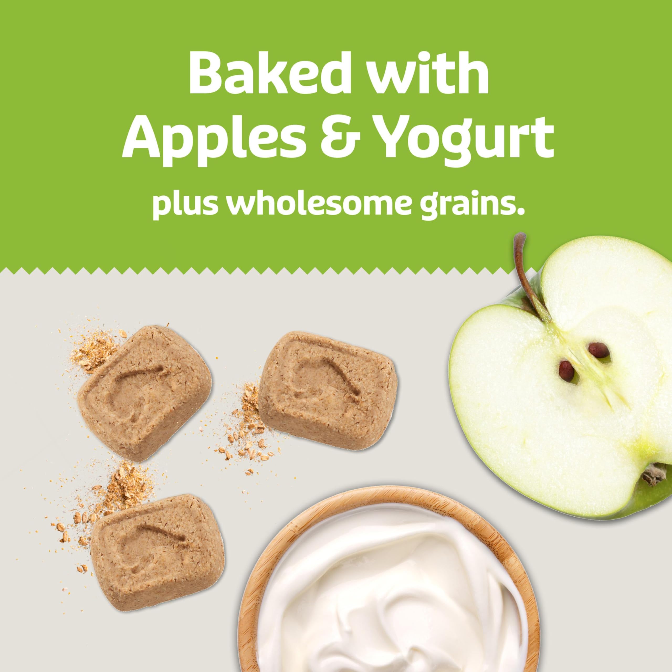Blue Buffalo Health Bars mini biscuits highlight apples and yogurt as tasty, natural ingredients.